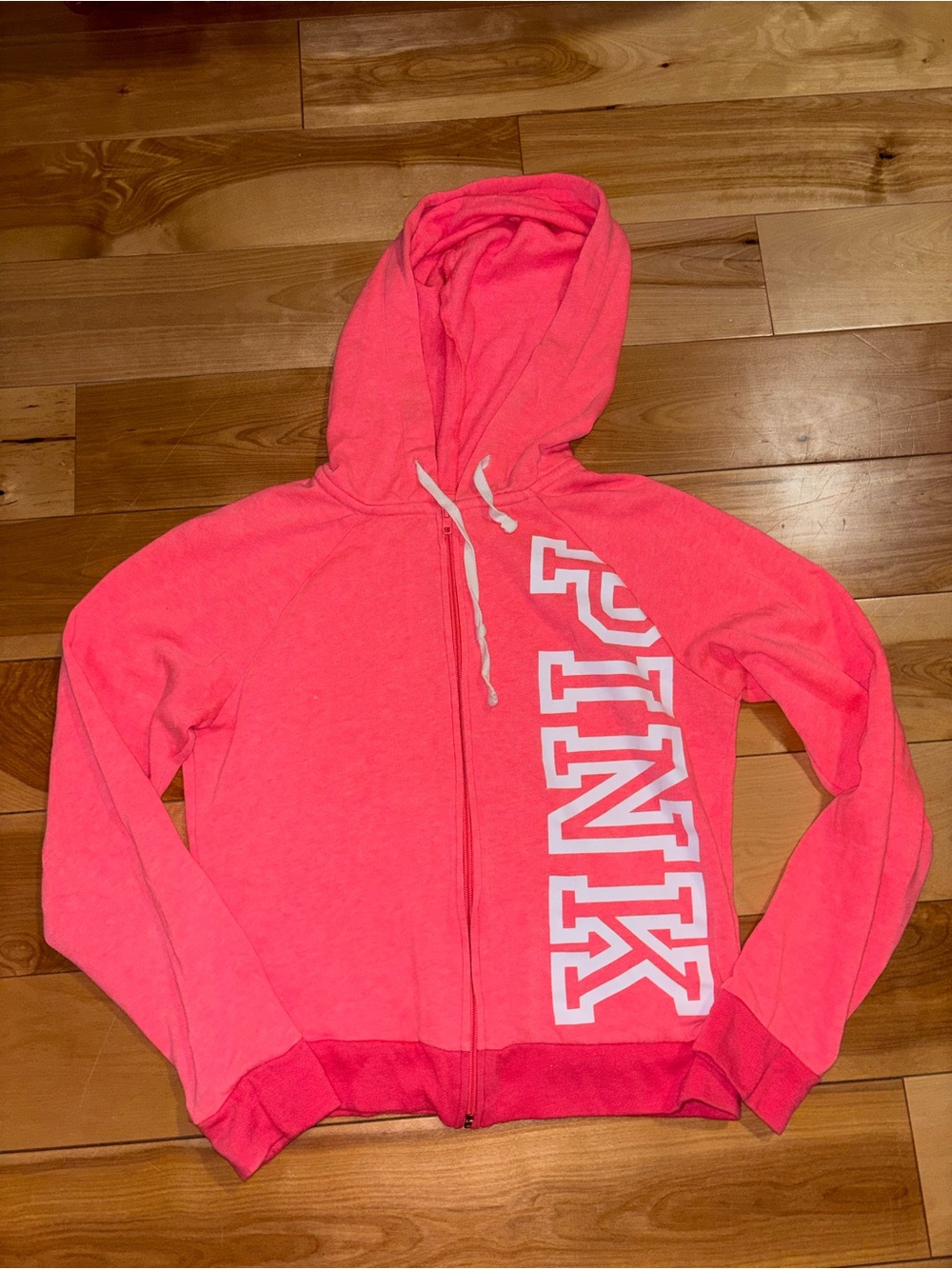 PINK Victoria's Secret Hot Pink Zip Hoodie with White Drawstrings